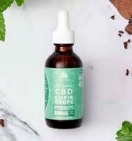 A bottle of CBD Elixir Drops with a green and white label, set on a white surface.
