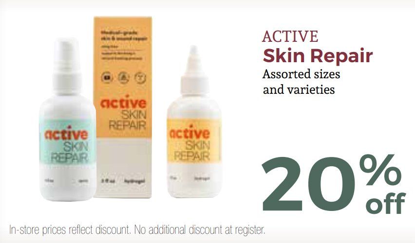 Advertisement for Active Skin Repair. Displays three bottles and a box of the product with a 20% off discount.