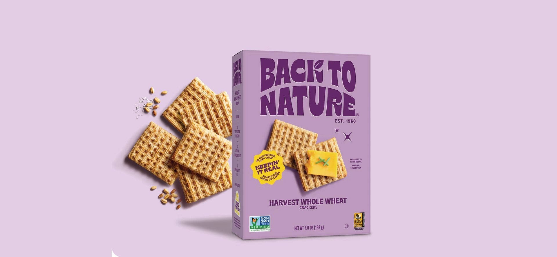A box of Back to Nature woven wheat crackers on a light purple background with loose crackers scattered next to it.