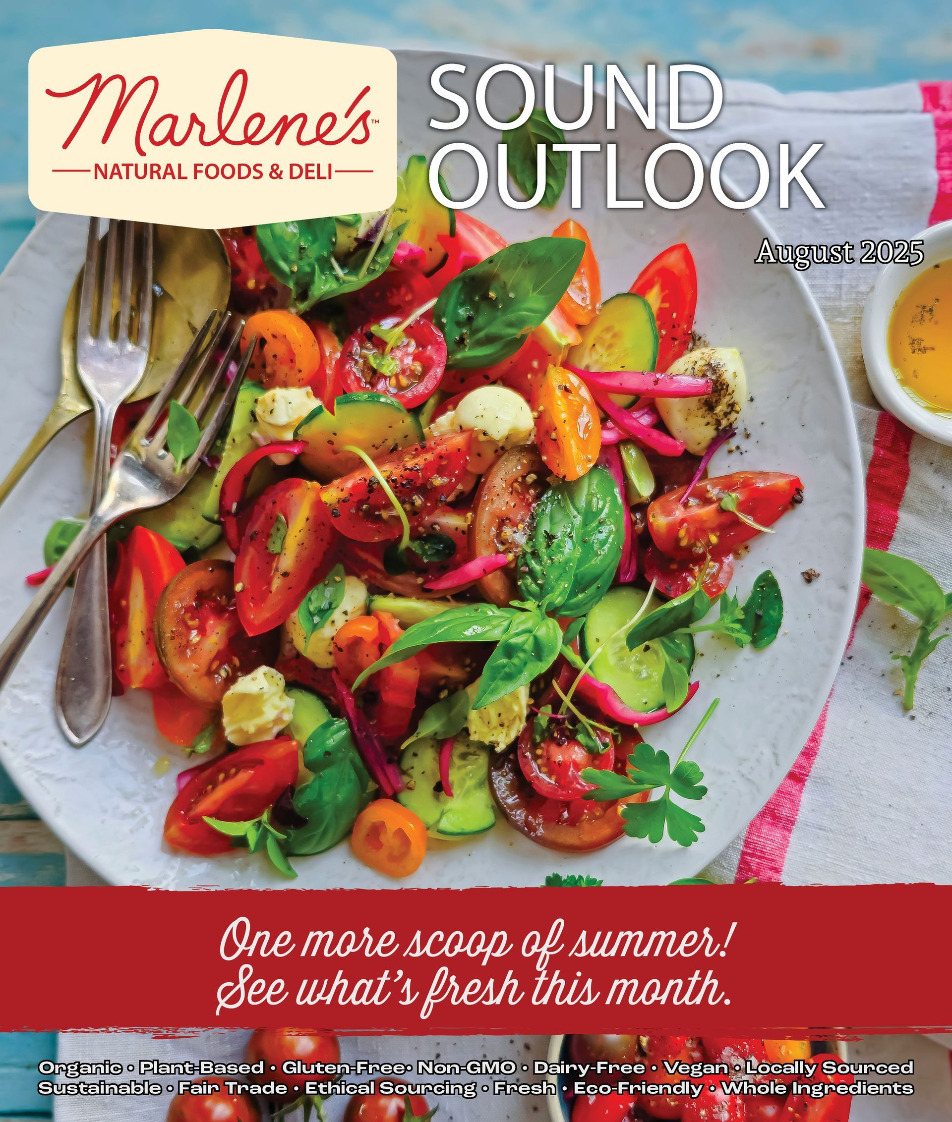 Magazine cover from Marlene's Market & Deli. Features colorful tomatoes and text: 