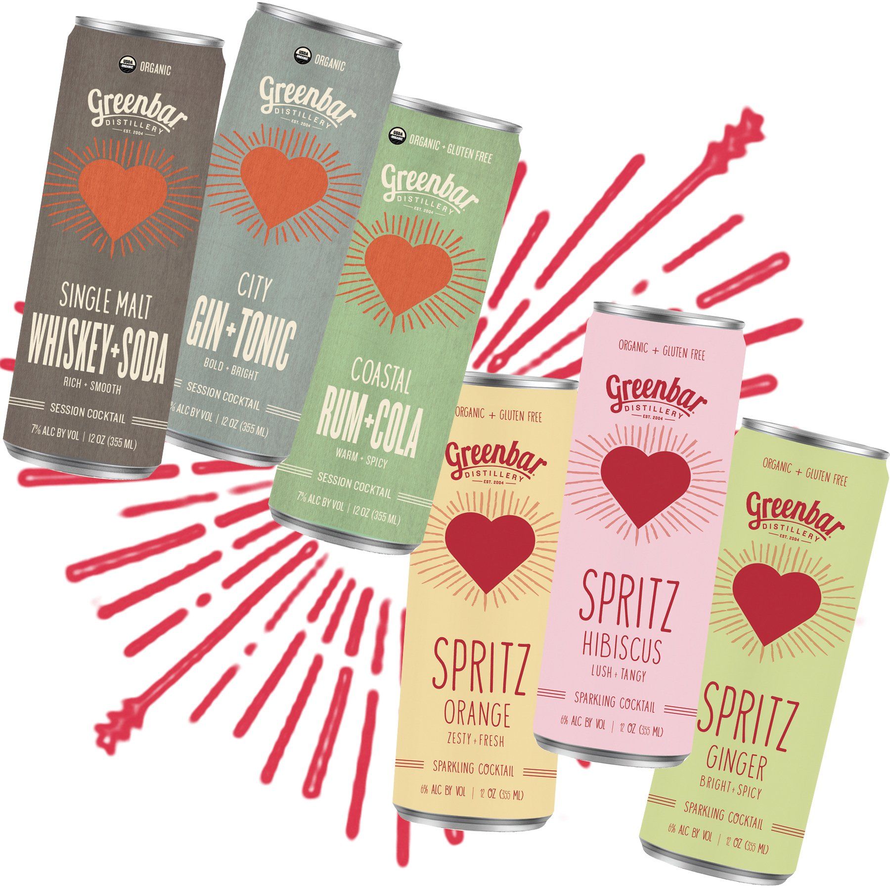 Assortment of Greenbar canned cocktails in various flavors (Whiskey Soda, Gin & Tonic, Rum Cola, and Spritz) against a red burst background.