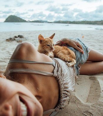 Woman sunbathing on a beach with two orange tabby kittens resting on her. Cloudy sky and ocean background.
