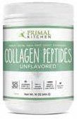 White container of Primal Kitchen Collagen Peptides powder, unflavored, with green label and logo.