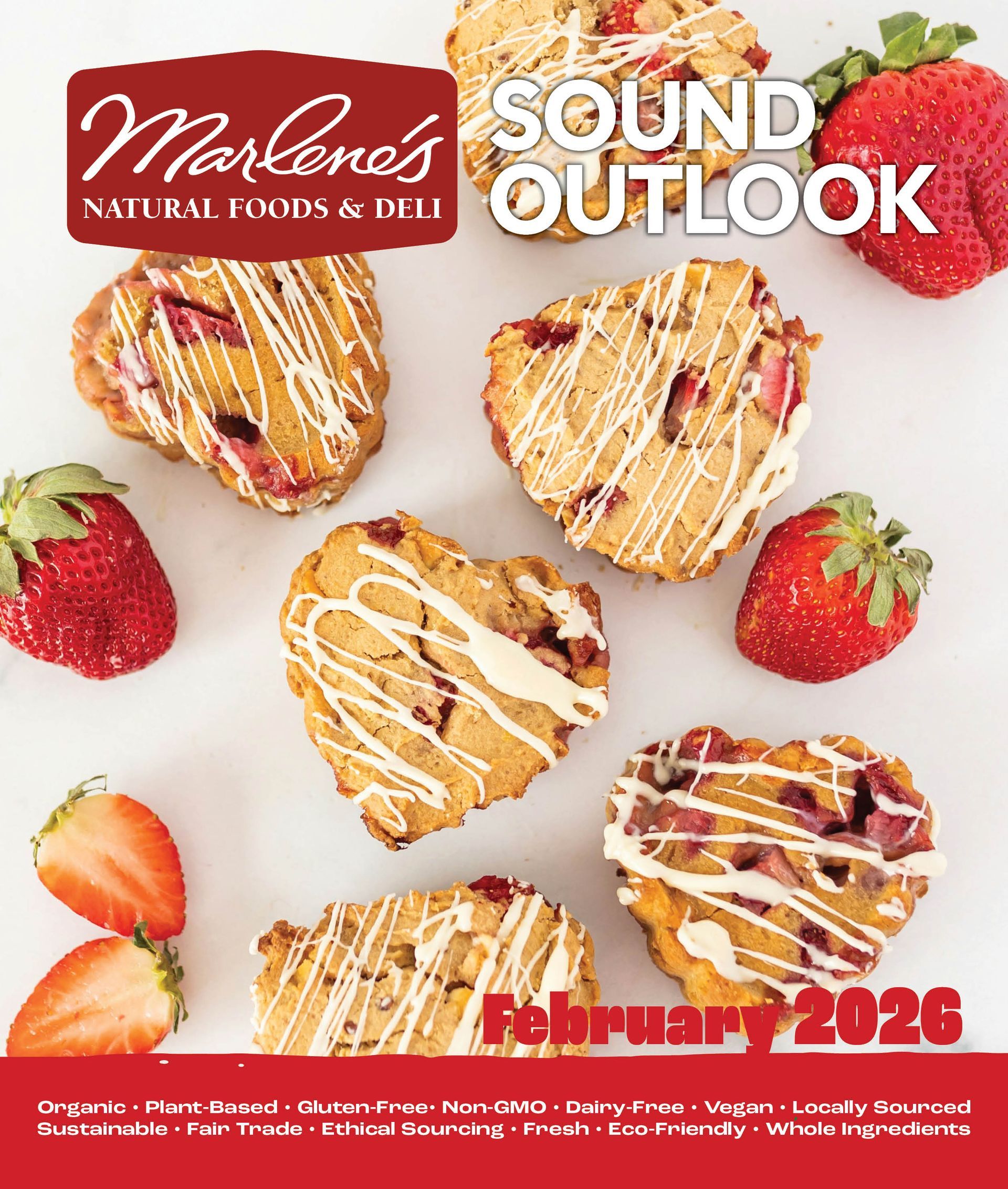 Marlene's Natural Foods & Deli cover: Colorful fruit salad with walnuts, blue cheese, and scallions. Banner: 