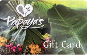 A Papaya's Natural Foods gift card with a design featuring a papaya-shaped logo, green tropical leaves, and colorful flowers.