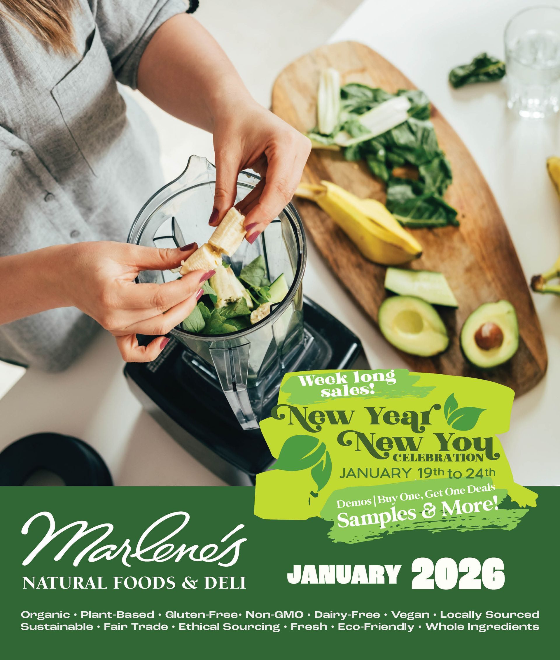 Cover of Marlene's Natural Foods & Deli newsletter: a colorful bowl of vegetables and grains. Text: 