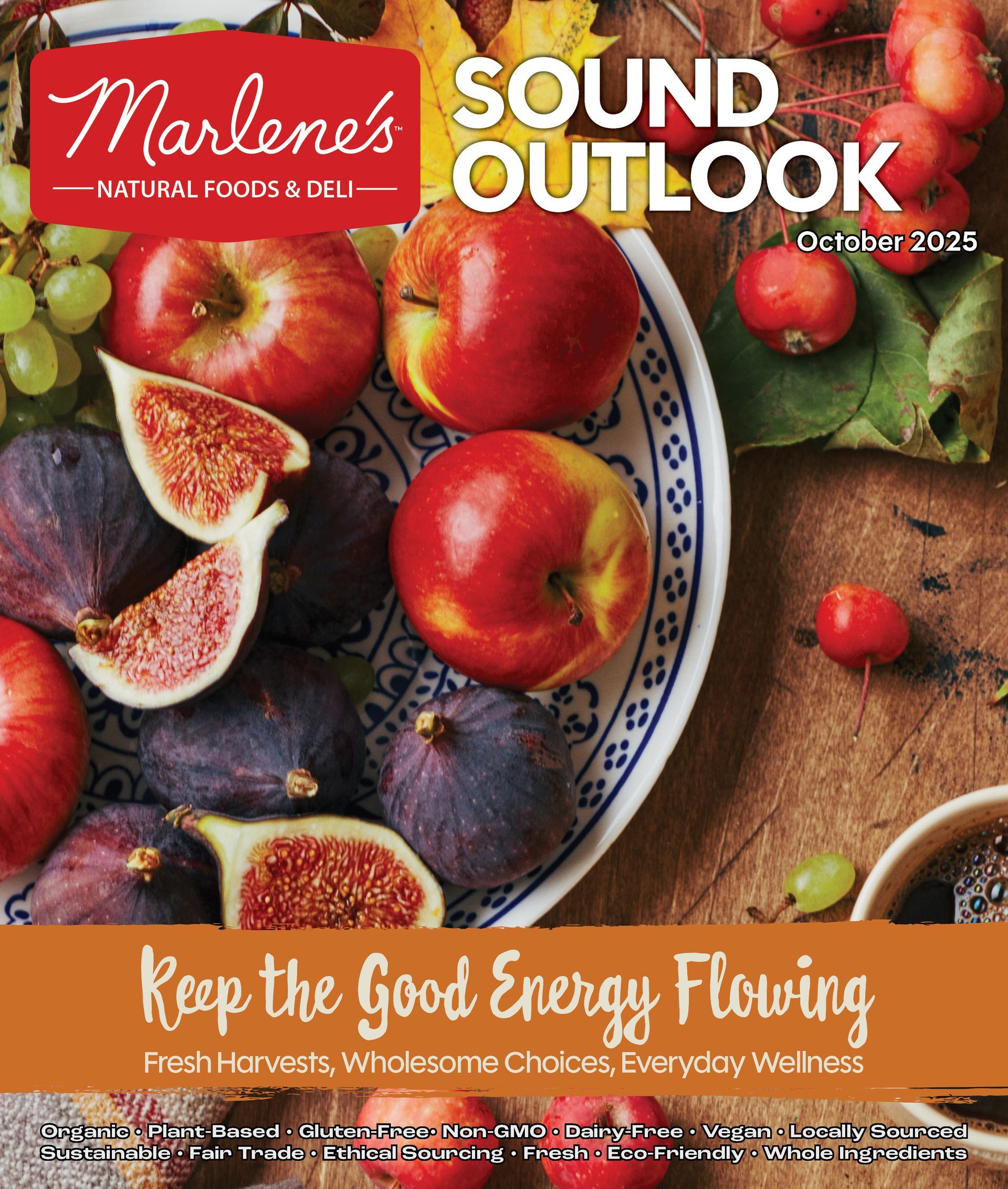 Marlene's Market & Deli magazine cover featuring a platter of food (grapes, eggs, figs, cheese, prosciutto) and text about autumn wellness, non-GMO, and fair trade.