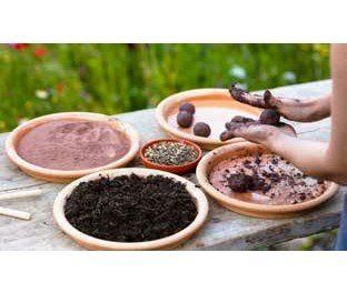 Person making seed balls outdoors, with plates of soil, clay, and seeds on a wooden table.