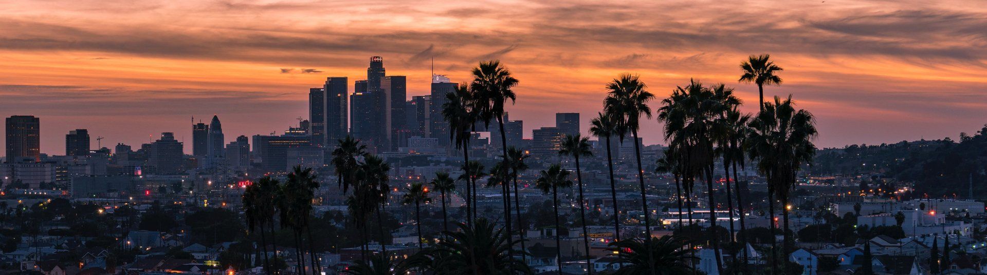 Sunset over Los Angeles skyline, with silhouettes of palm trees in the foreground.