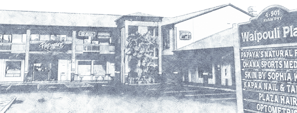 A low-angle view of Waipouli Plaza, a two-story strip mall with a prominent vertical art installation in the center.