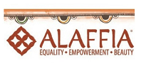 Logo for Alaffia, featuring a brown geometric design, the name in brown, and the words 
