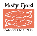 Logo for Misty Fjord Seafood Producers. Shows two white fish on an orange rectangle, with 