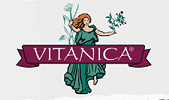 Logo for Vitanica. A woman in a flowing teal dress, holding plants, stands in front of the word 