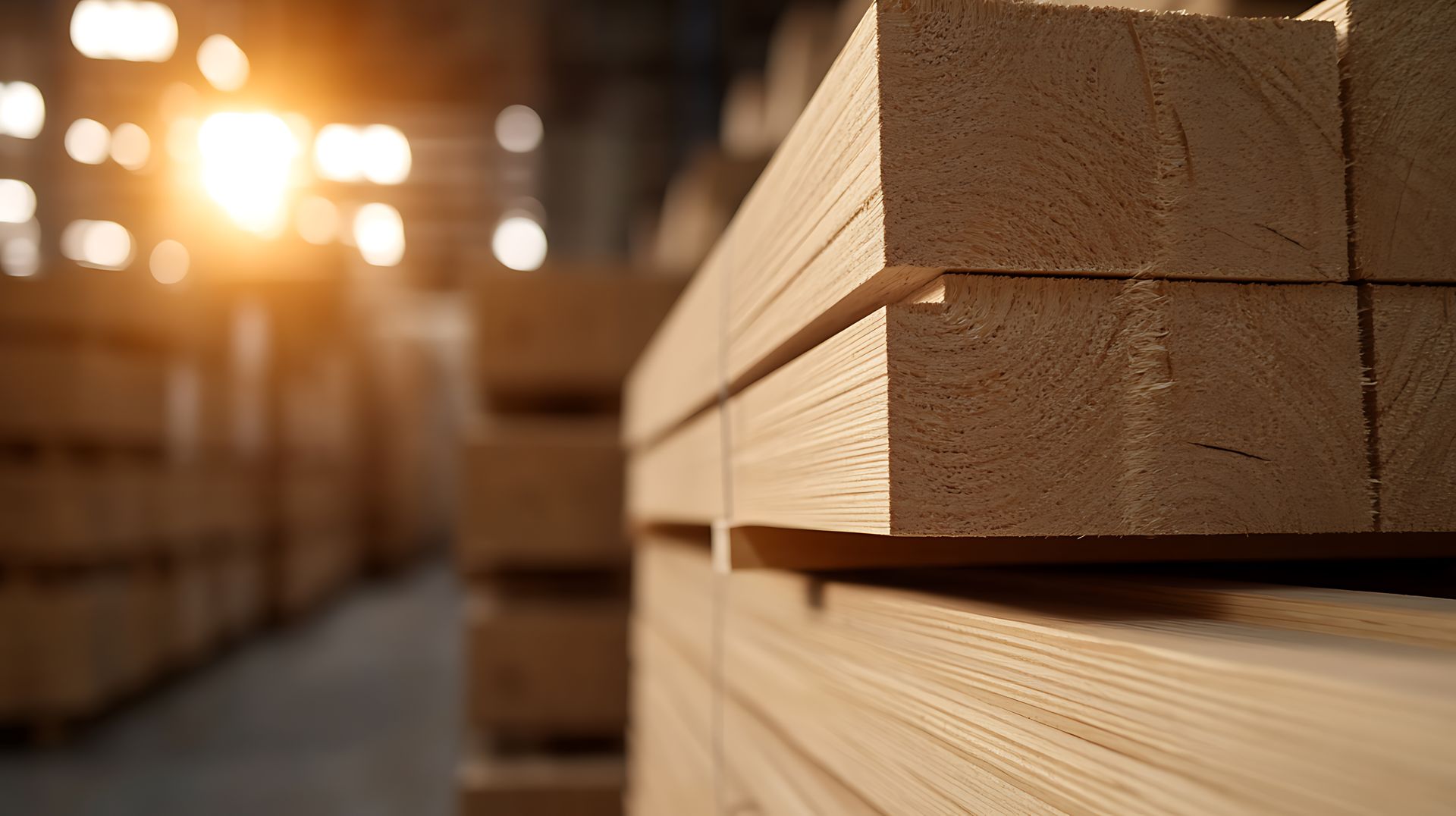 Closeup of hardwood lumber stacked in a warehouse with sunlight in the background.