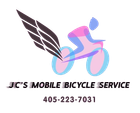 Logo for JC's Mobile Bicycle Service: winged cyclist, pink and blue, with a phone number below.