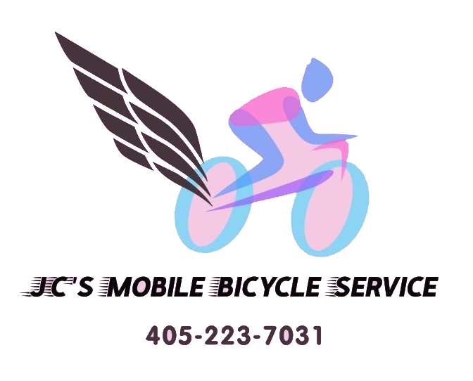 Logo for JC's Mobile Bicycle Service: winged cyclist, pink and blue, with a phone number below.