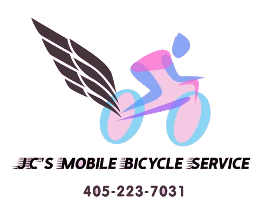 Logo for JC's Mobile Bicycle Service: winged cyclist, pink and blue, with a phone number below.