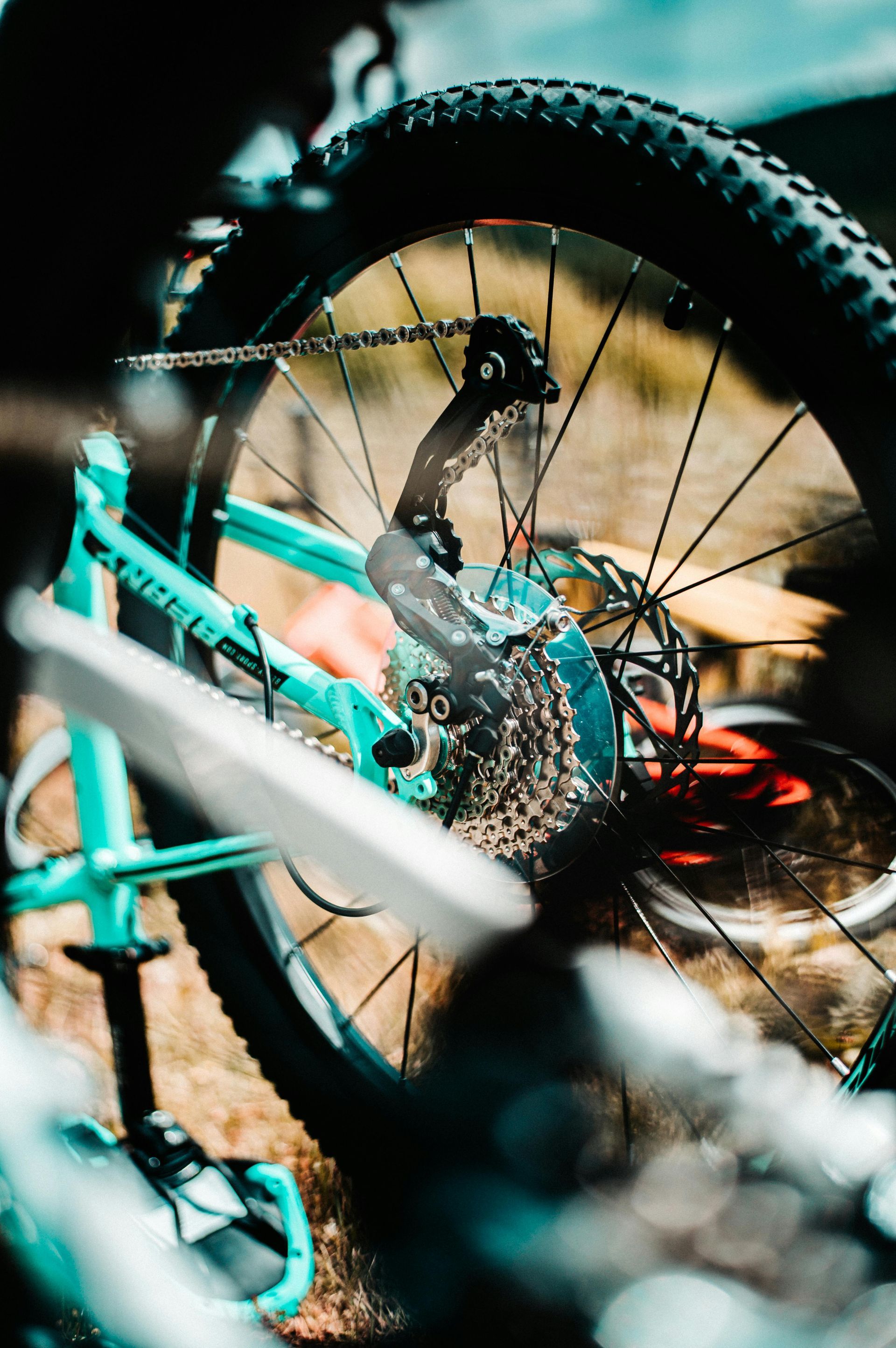Teal mountain bike rear wheel with gears, outdoors.