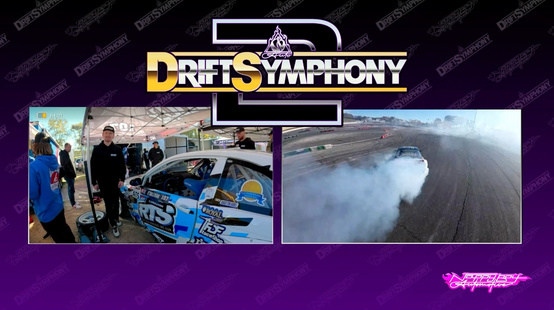 Drift Symphony 2 promo: two-panel view, left-car and team, right-drifting car on track with smoke.