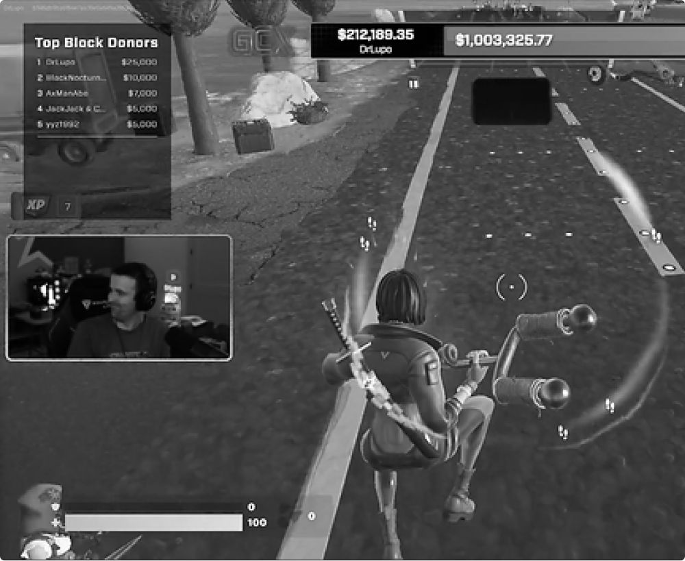 Gamer playing video game on a road. A leaderboard and streamer are visible in the top left corner.