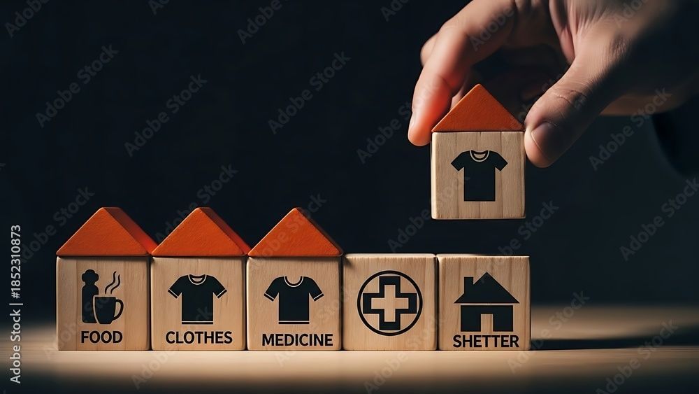 Food, Clothes, Medicine, Shelter play blocks put together as little houses.