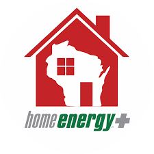 Energy Services Logo of a red house with a white outline of wisconsin inside it