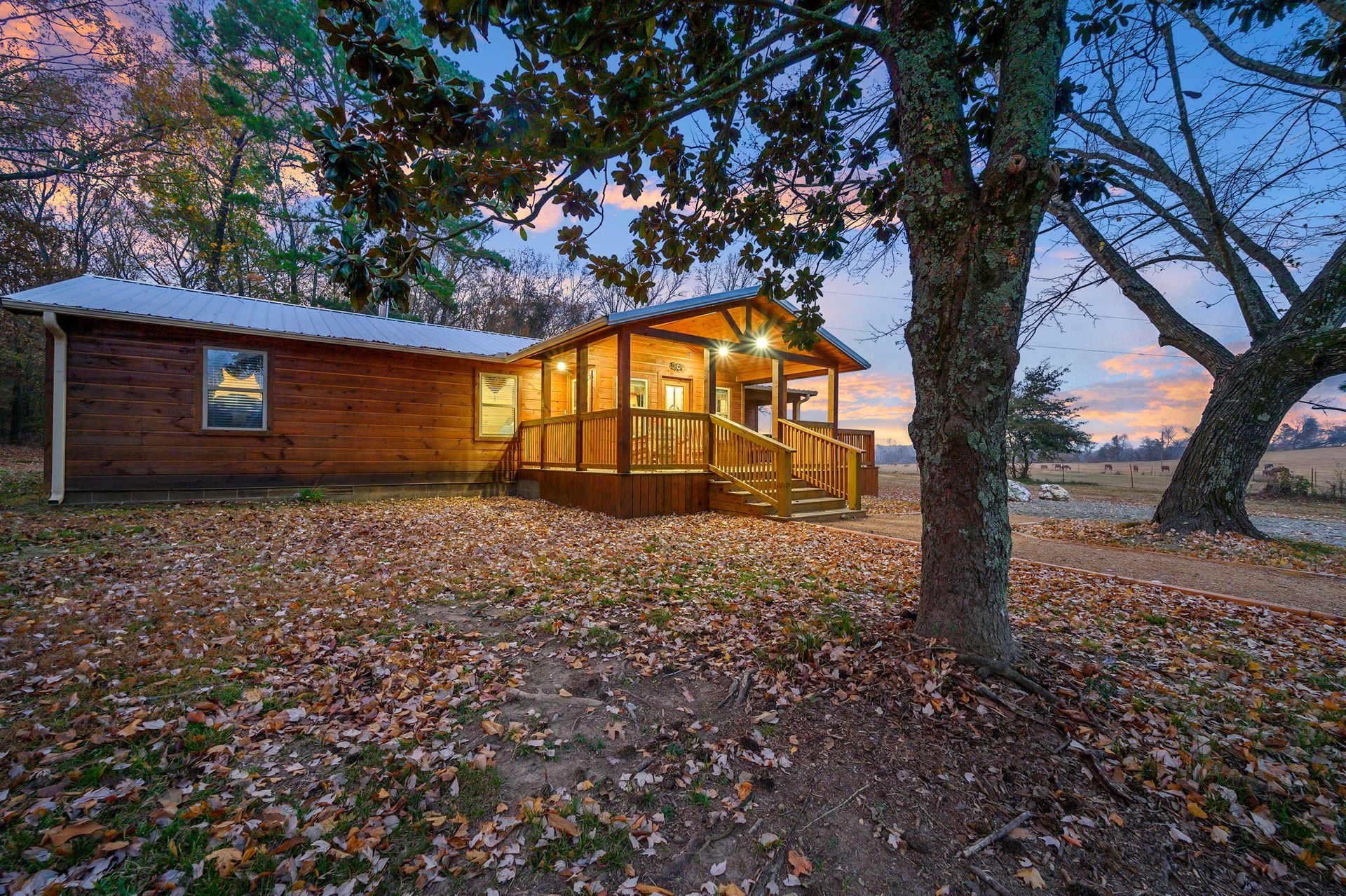 A wooden cabin with a lit porch sits among trees and fallen autumn leaves under a twilight sky.
