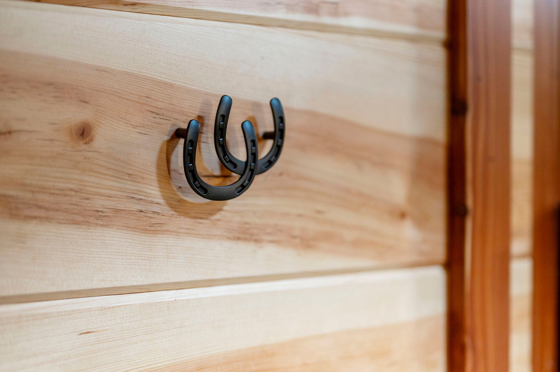 Two dark metal horseshoe hooks mounted on a light-colored, horizontal wood-paneled wall.