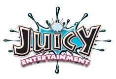 Juicy Entertainment logo with black, white, and blue text and water splash graphic.