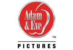 Adam & Eve Pictures logo: Red circle with silver trim, text