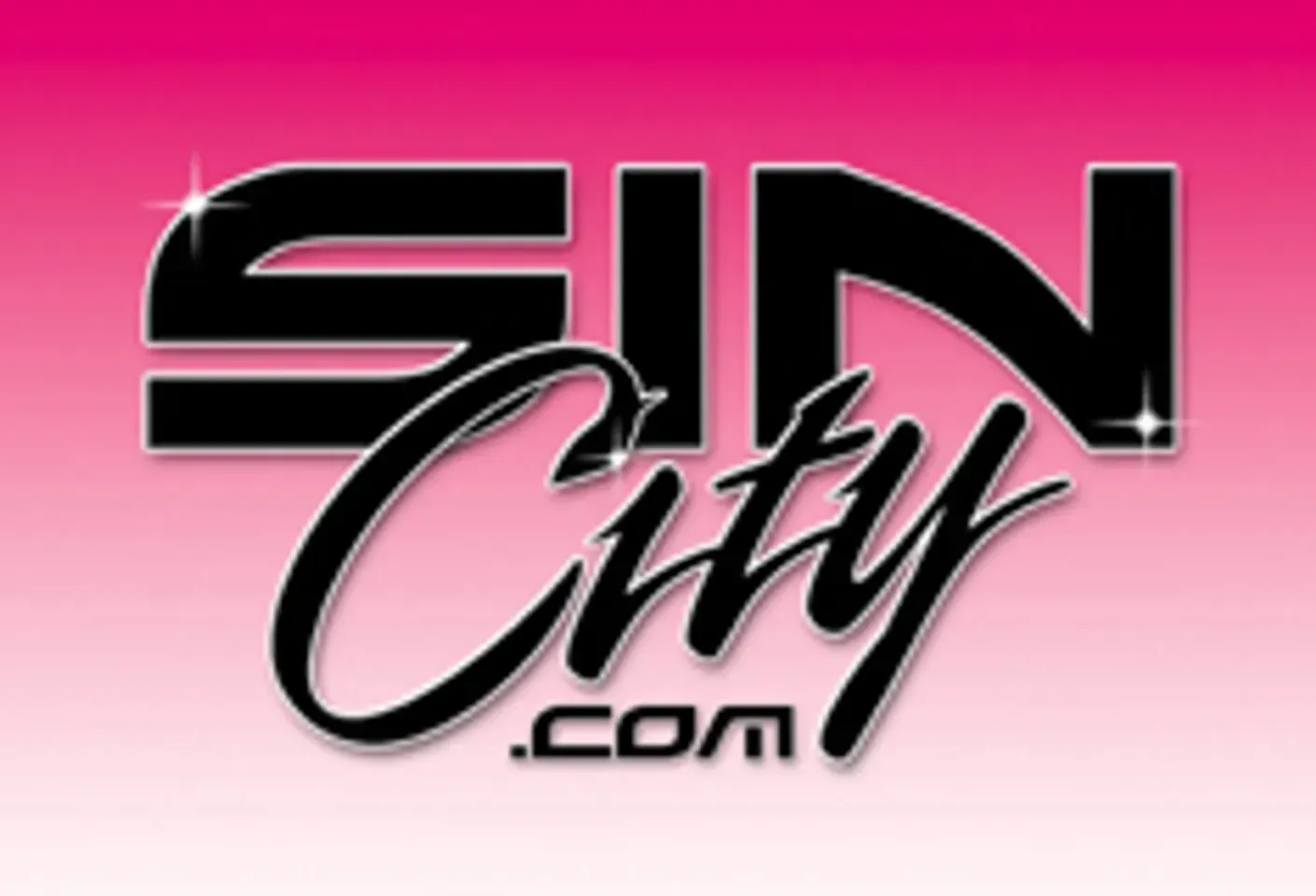 Sin City logo with black letters on a pink and white gradient background, with sparkling effects.