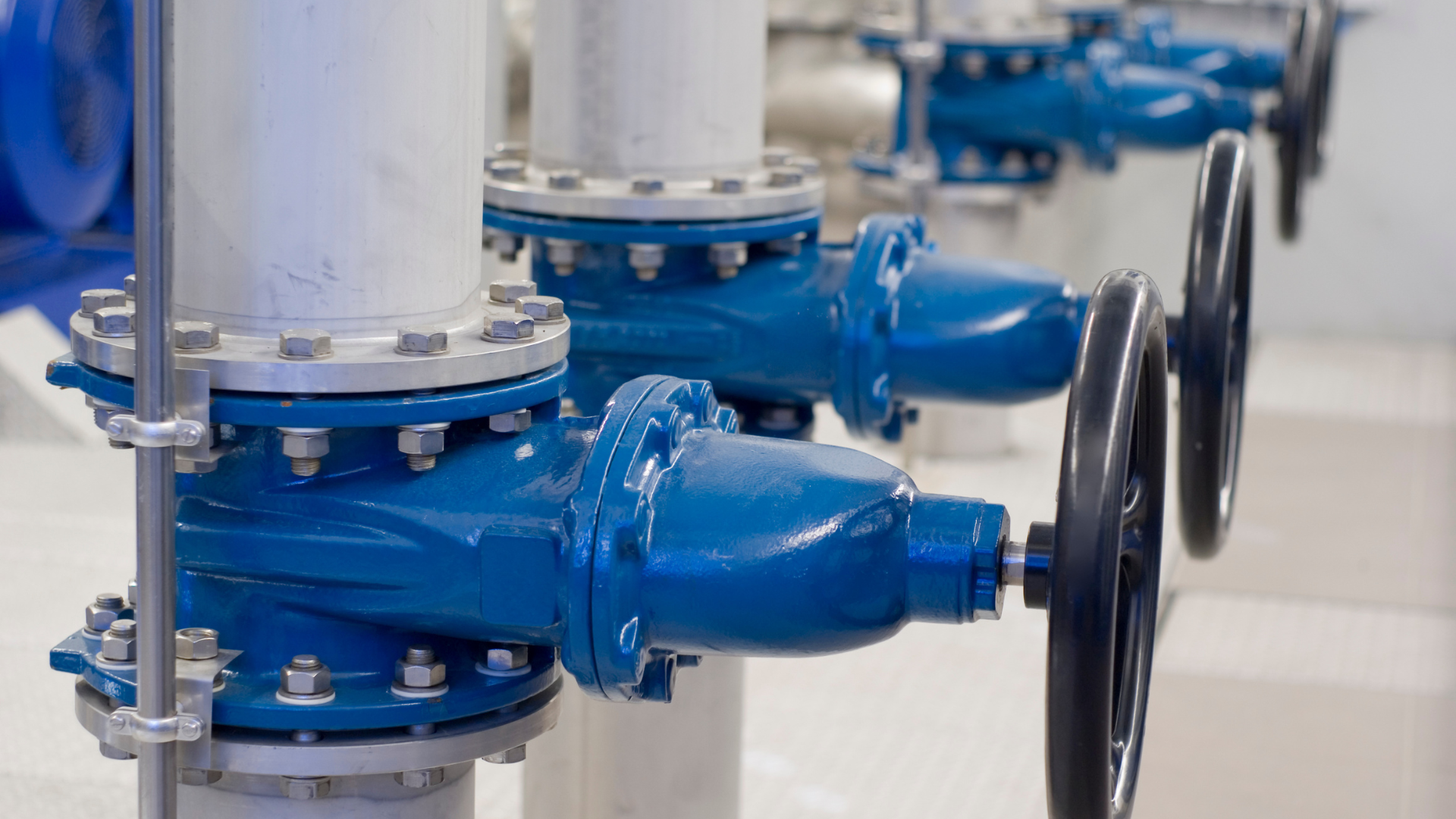 A row of blue pipes with black handles in a factory.
