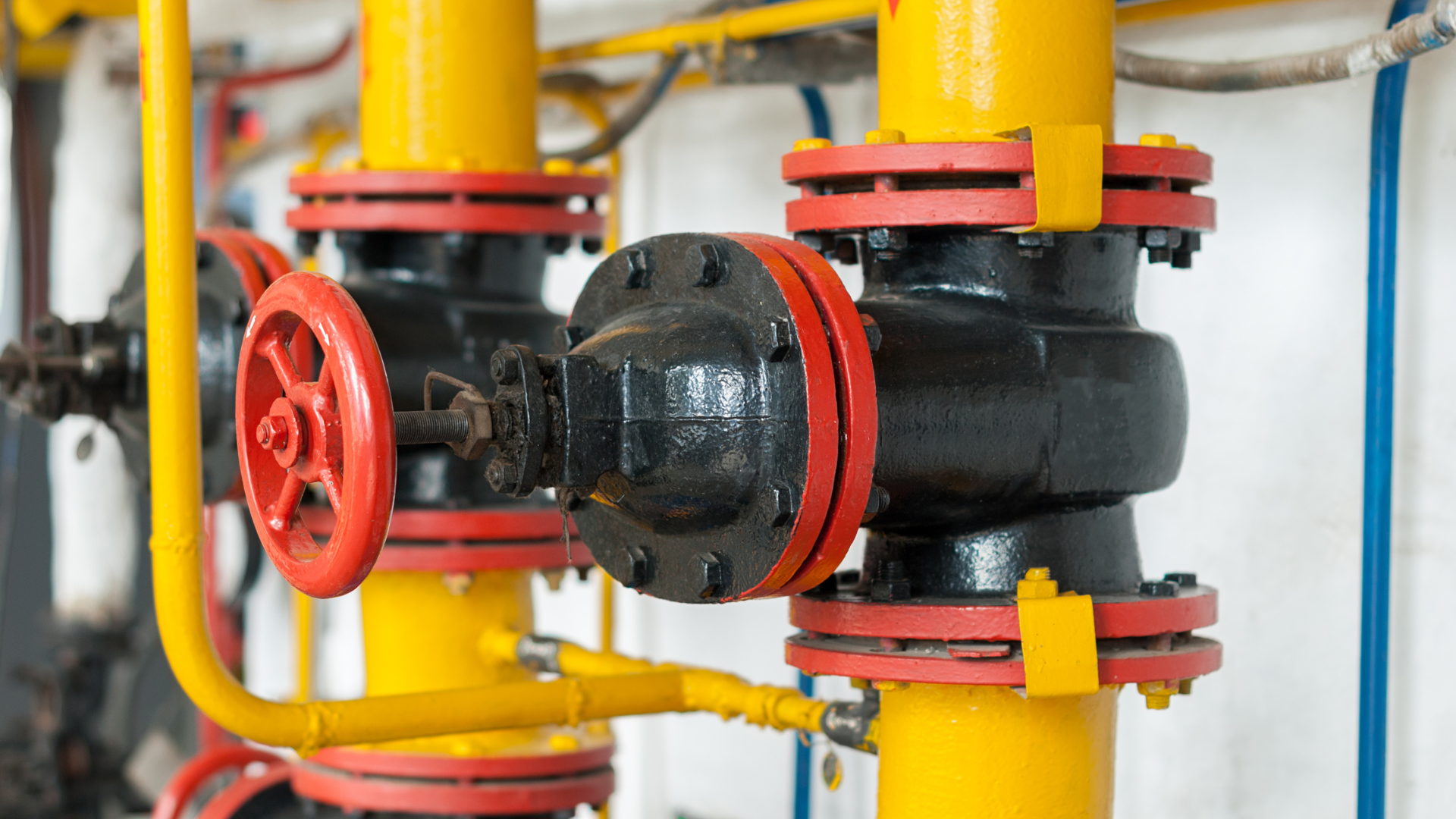 A close up of a row of yellow pipes with red valves.