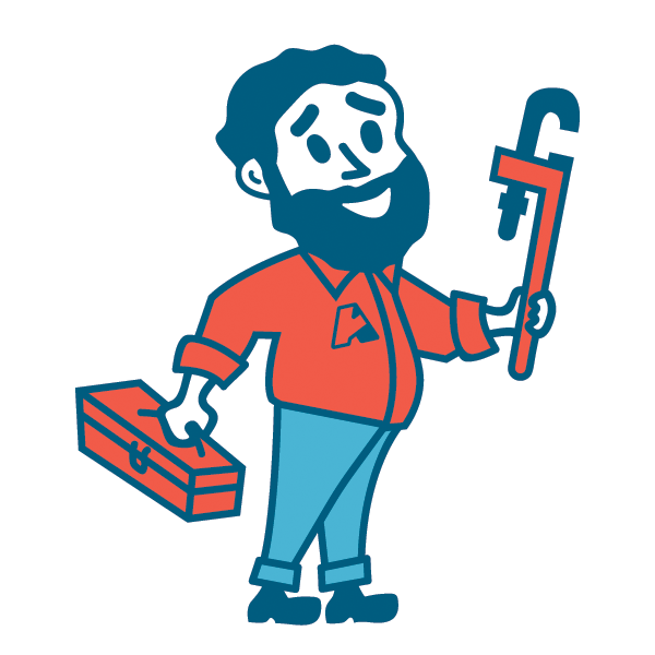 Anspach Plumbing Logo with plumber caricature hold a wrench and tool box.