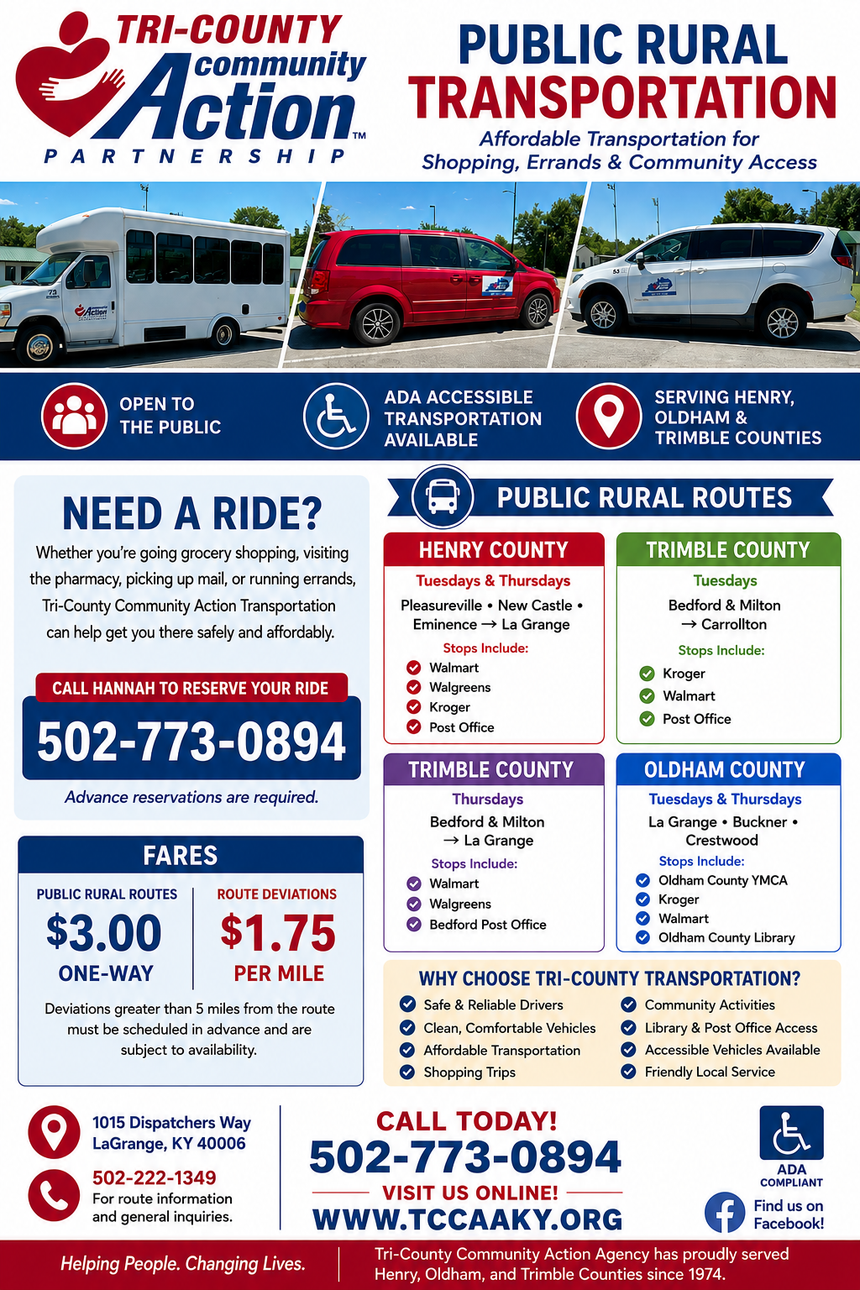 Bus ride schedule flyer with county contact boxes and a call to schedule line: 502-773-0894