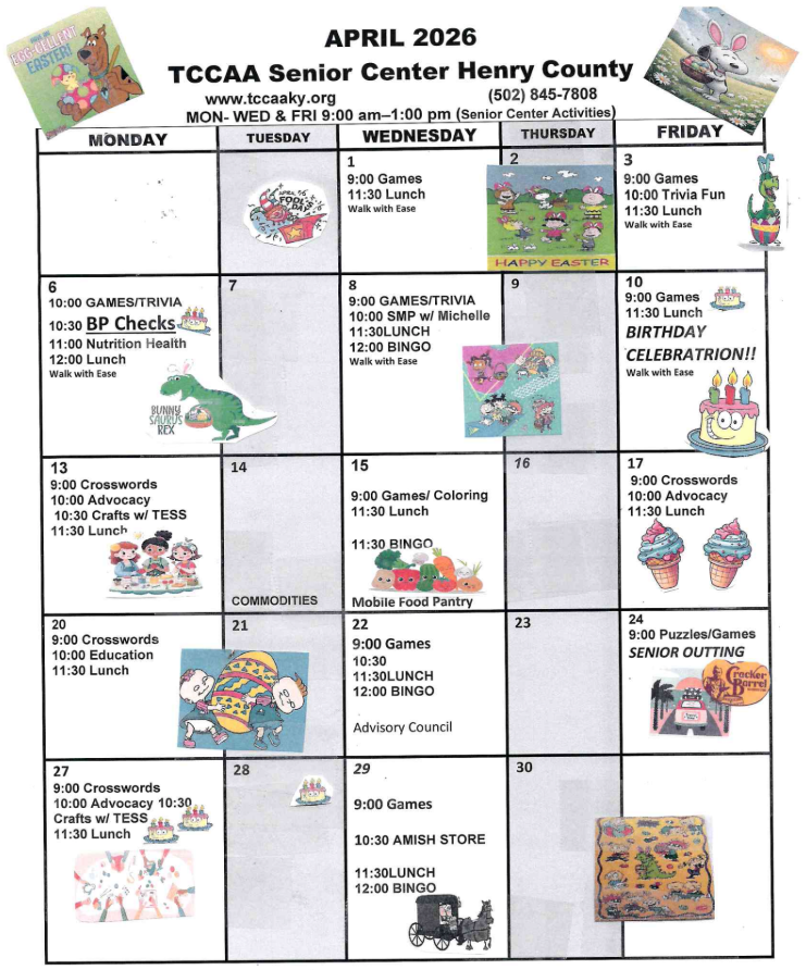 April 2025 TCCAA Senior Center Henry County monthly calendar with event listings and colorful illustrations