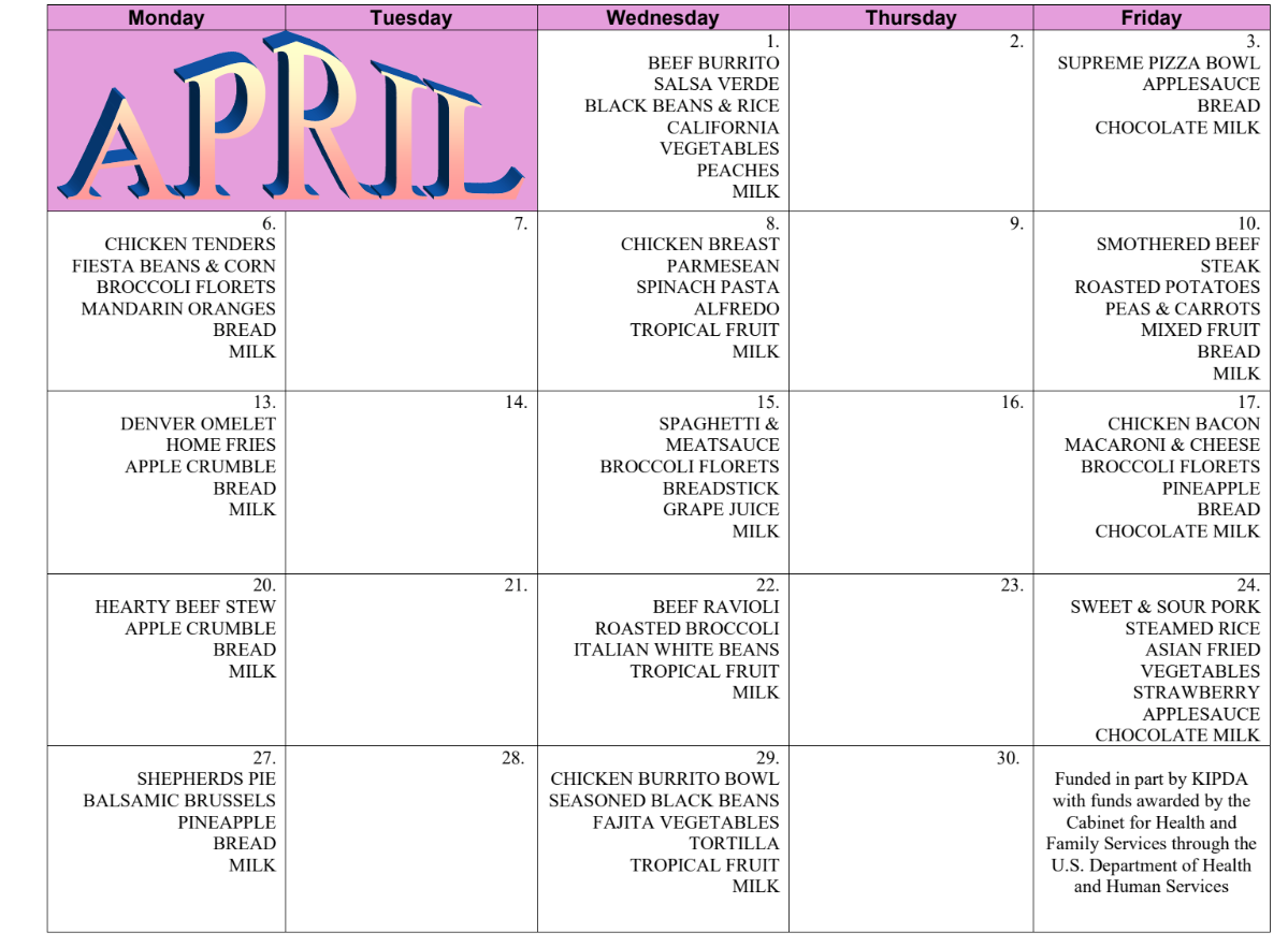 April calendar with pink header and handwritten-style event notes in each day box