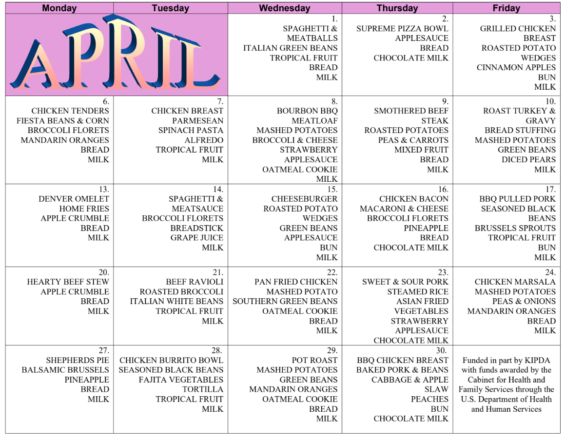 April monthly calendar with pastel pink and blue header and daily boxes filled with notes
