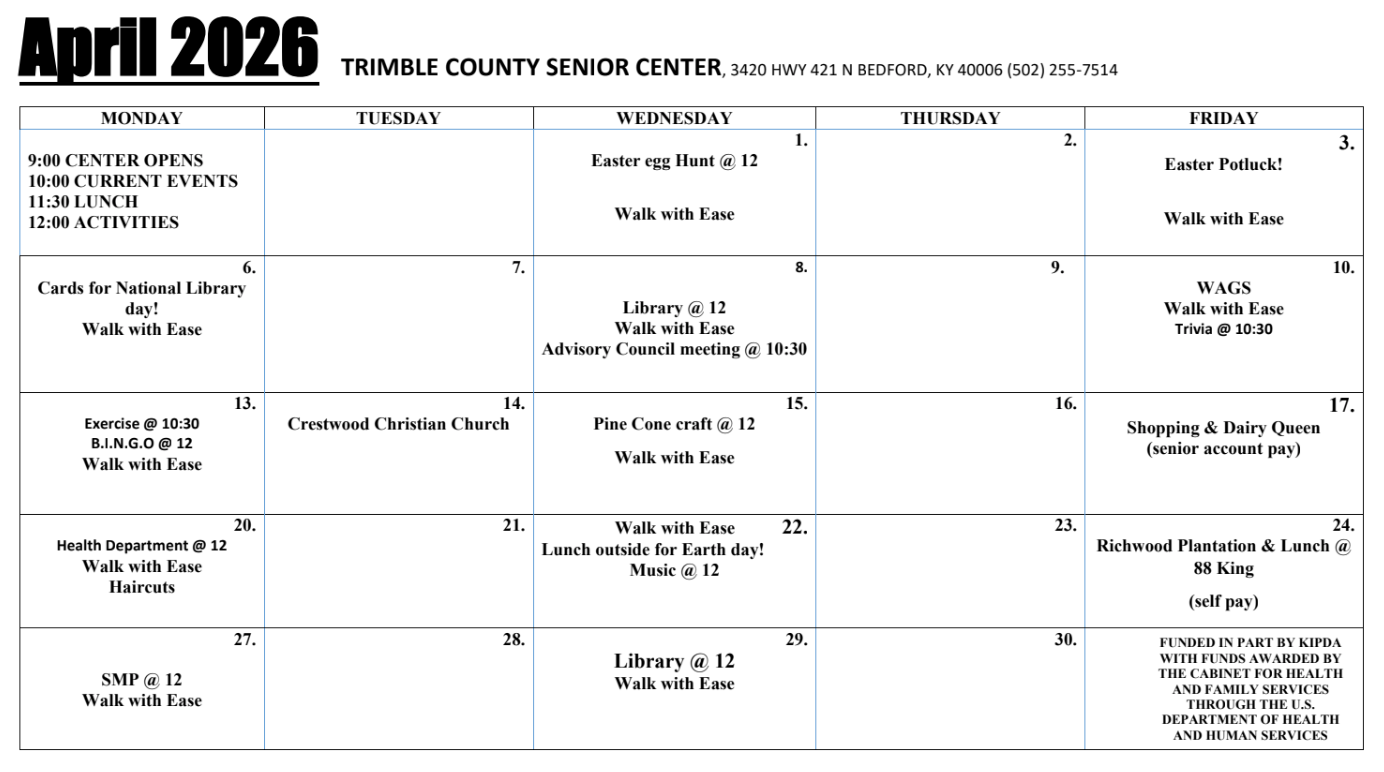 April 2026 monthly school calendar with events and dates in a black-and-white grid