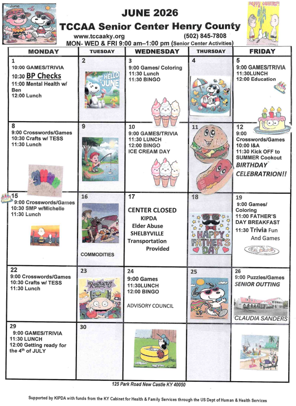 April 2025 TCCAA Senior Center Henry County monthly calendar with event listings and colorful illustrations