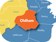 Map highlighting Oldham County in orange among surrounding Kentucky counties in blue and yellow