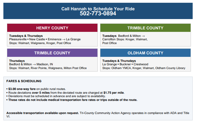 Bus ride schedule flyer with county contact boxes and a call to schedule line: 502-773-0894