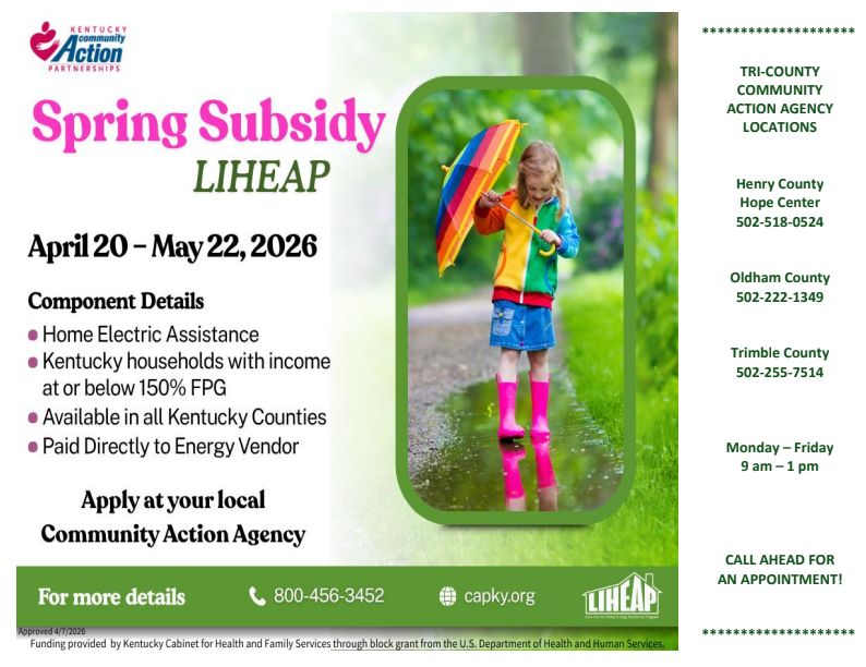 Spring Subsidy Lineup flyer with child in rainbow outfit and service details for Kentucky communities