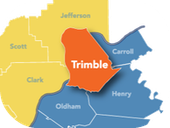 Map of county names around an orange center labeled “Trimble,” with yellow and blue surrounding areas.