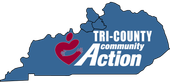 Tri-County Community Action logo on blue state silhouette with red figure icon