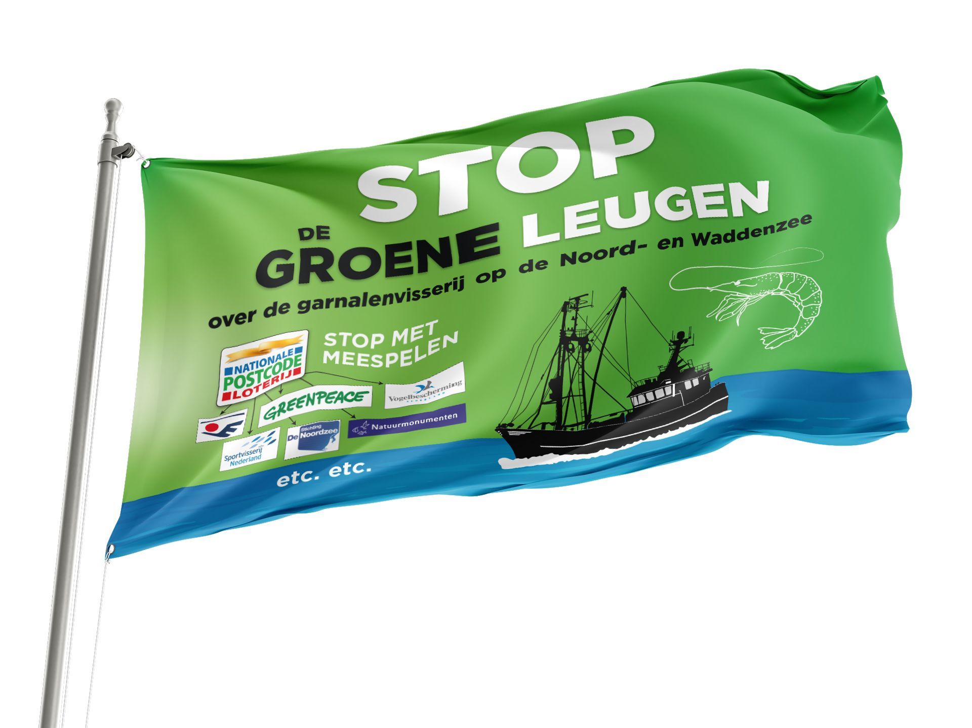 Vlaggen, stickers en spandoeken voor de stop-de-groene-leugen campagne van de Nederlandse kustvissers by reclamestudio Morant