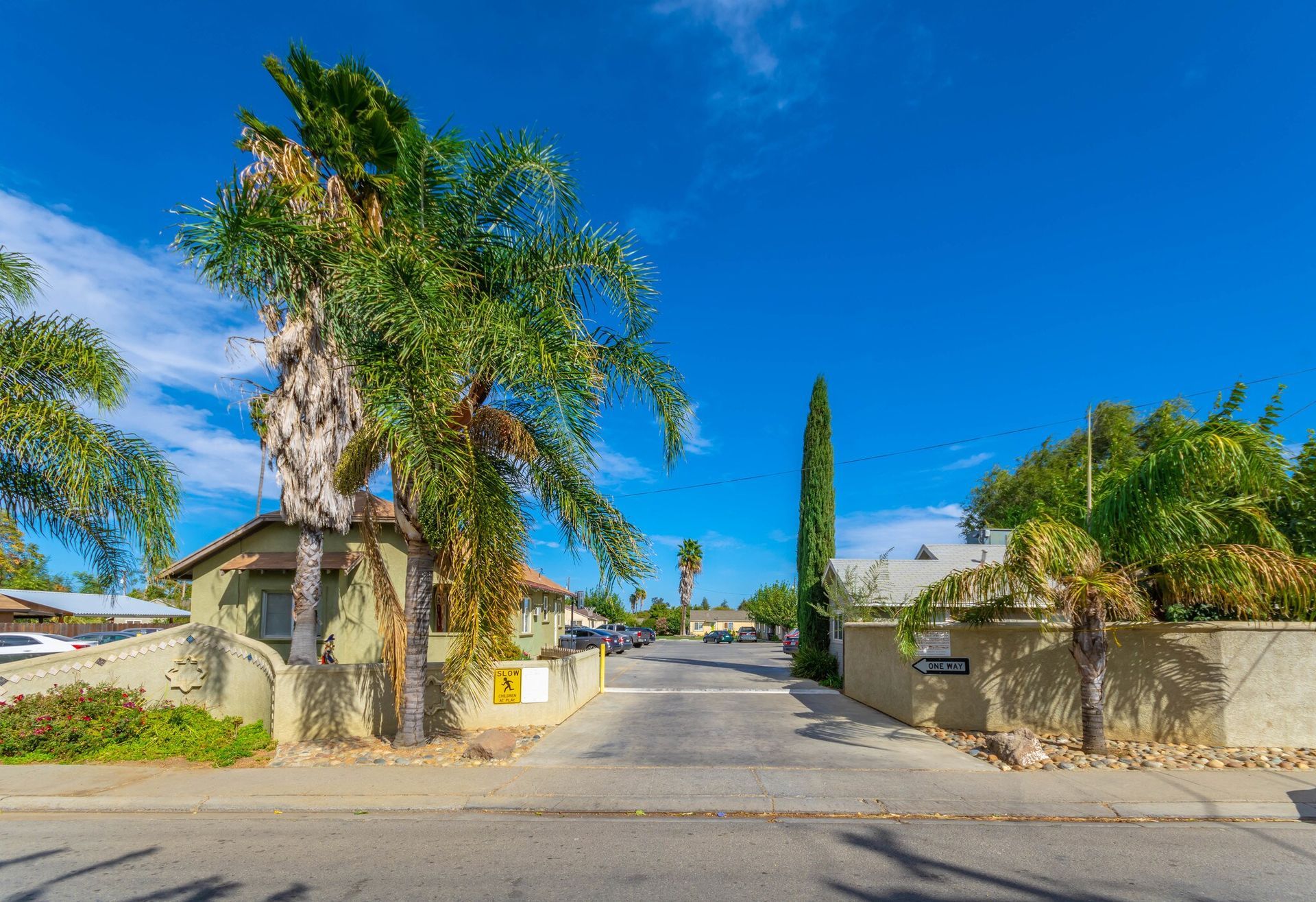 A residential street with palm trees and a bright blue sky.