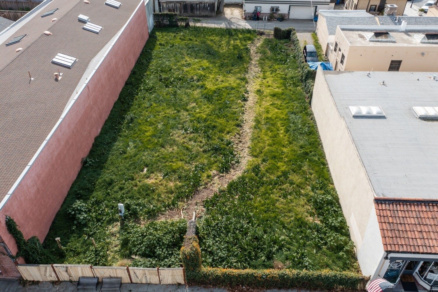 Overgrown vacant lot between buildings, with a dirt path.