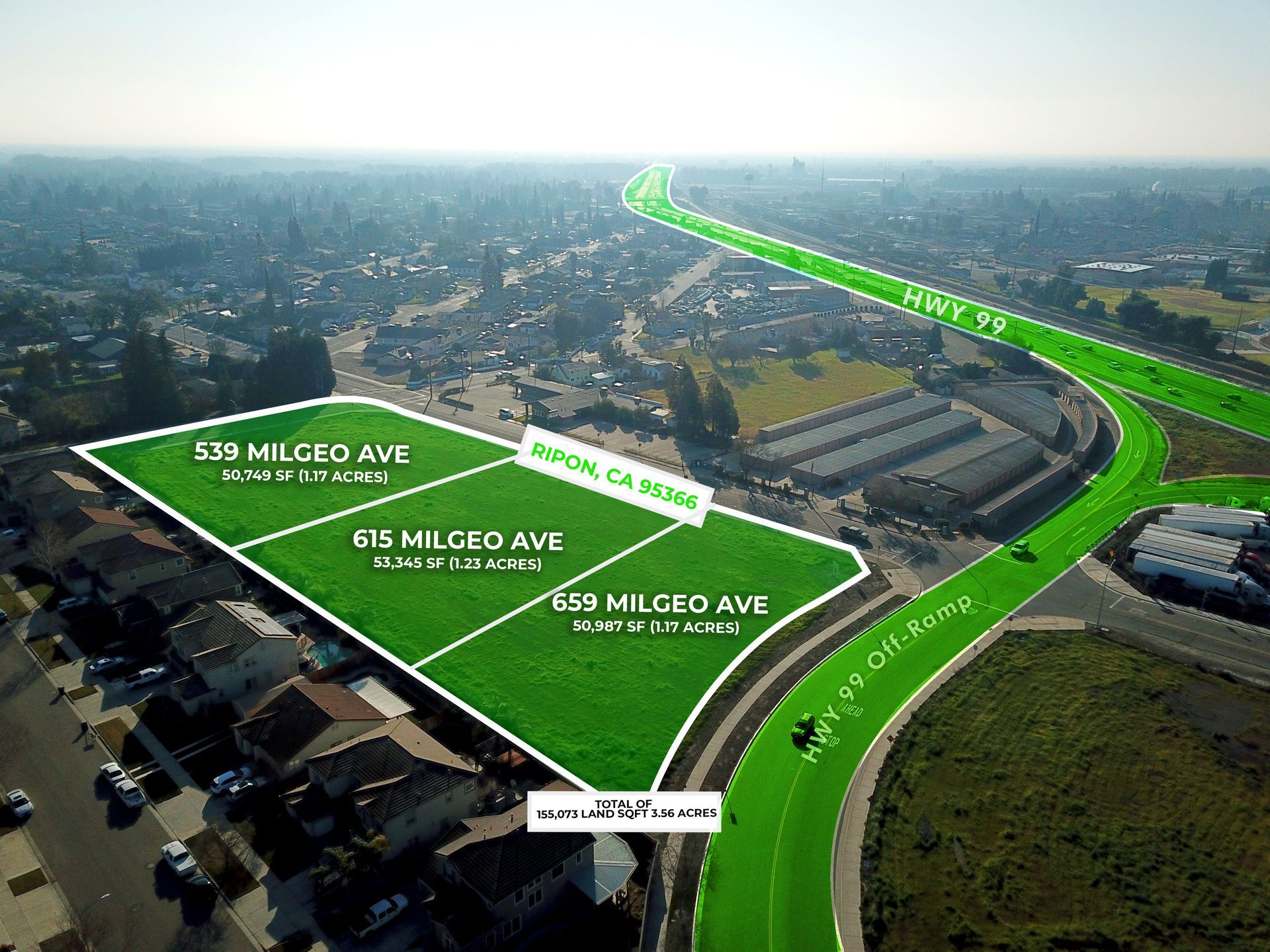 Aerial view of land parcels at 539, 819 and 899 Milgeo Ave. in California, near a highway on-ramp and commercial buildings.