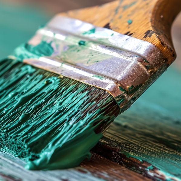 A paintbrush applying turquoise Farrow & Ball Paint